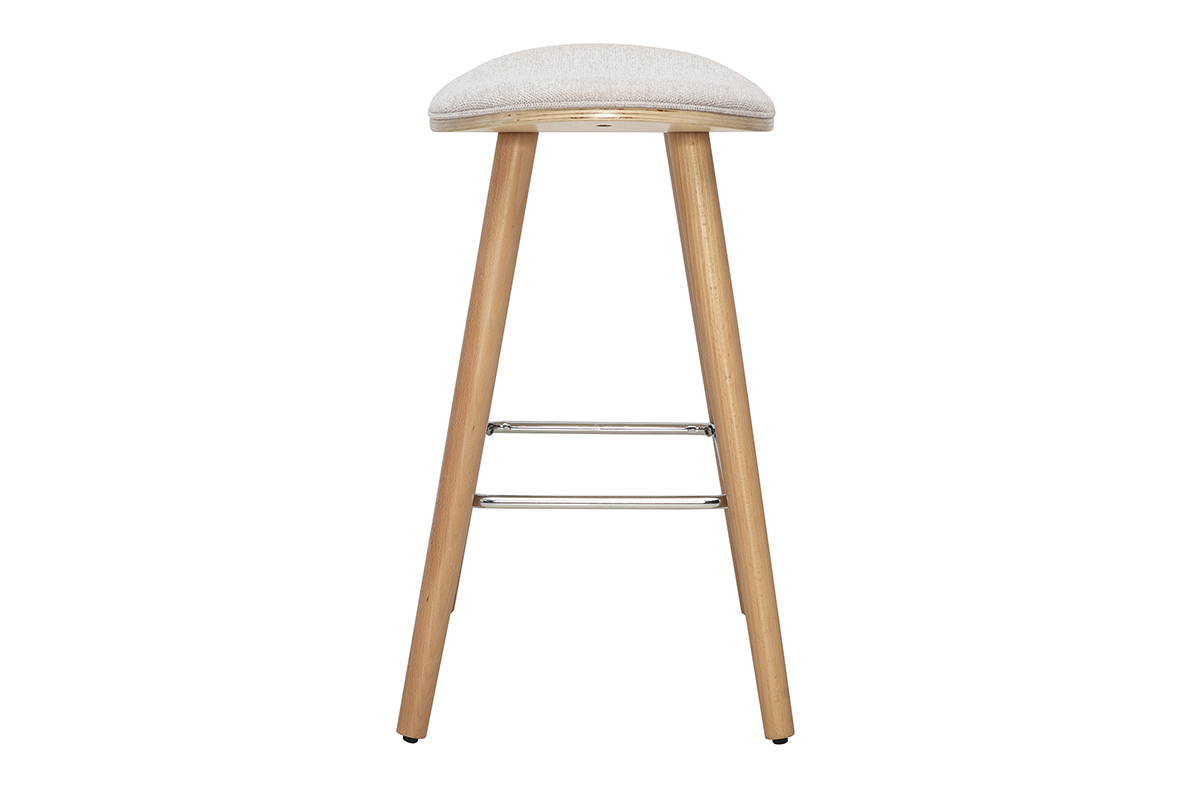 Tabouret de bar en tissu beige et bois clair, vue de profil, hauteur 65 cm.