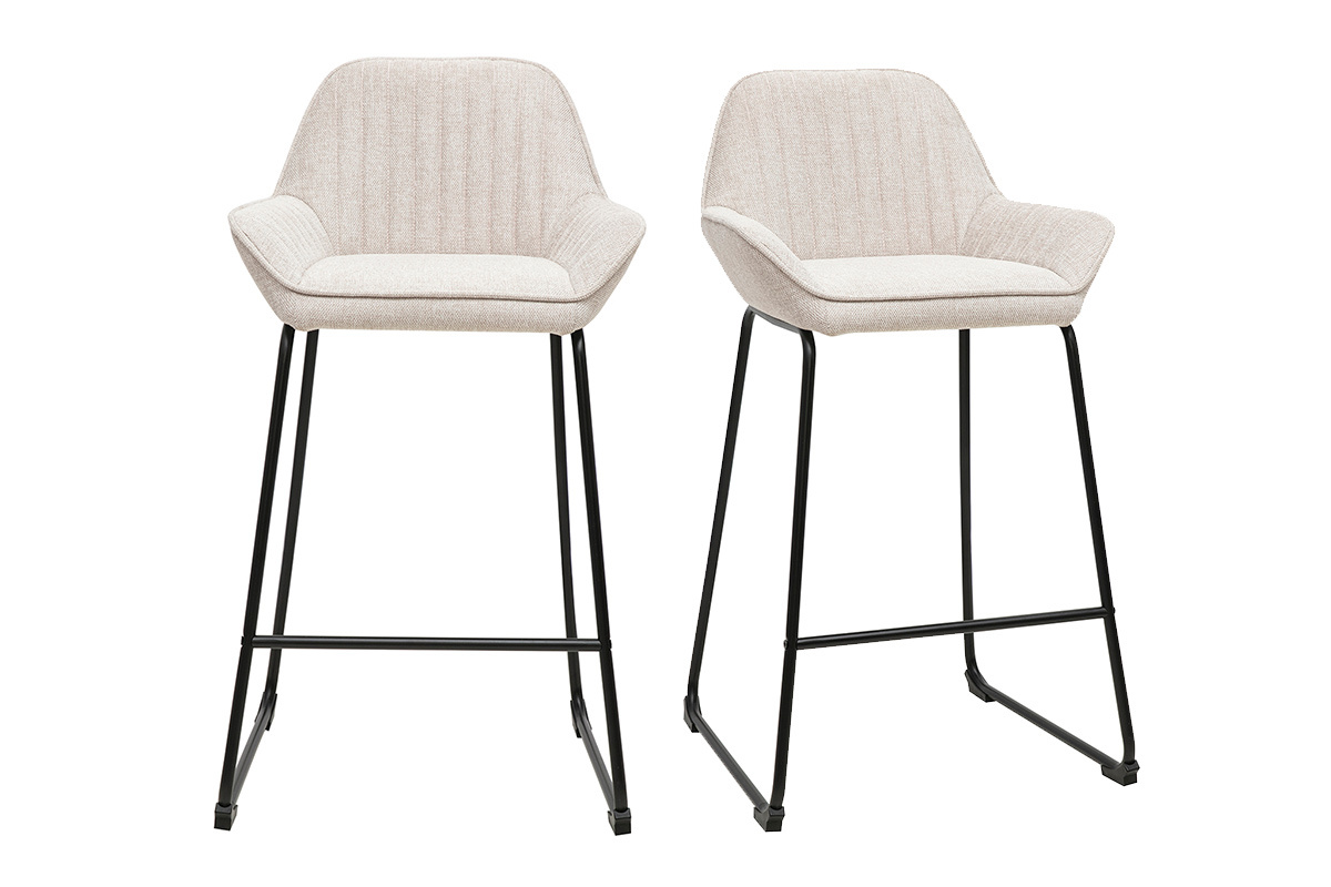 Tabourets de bar RONNIE en tissu beige et m�tal noir, vue de face, lot de 2, hauteur 68 cm