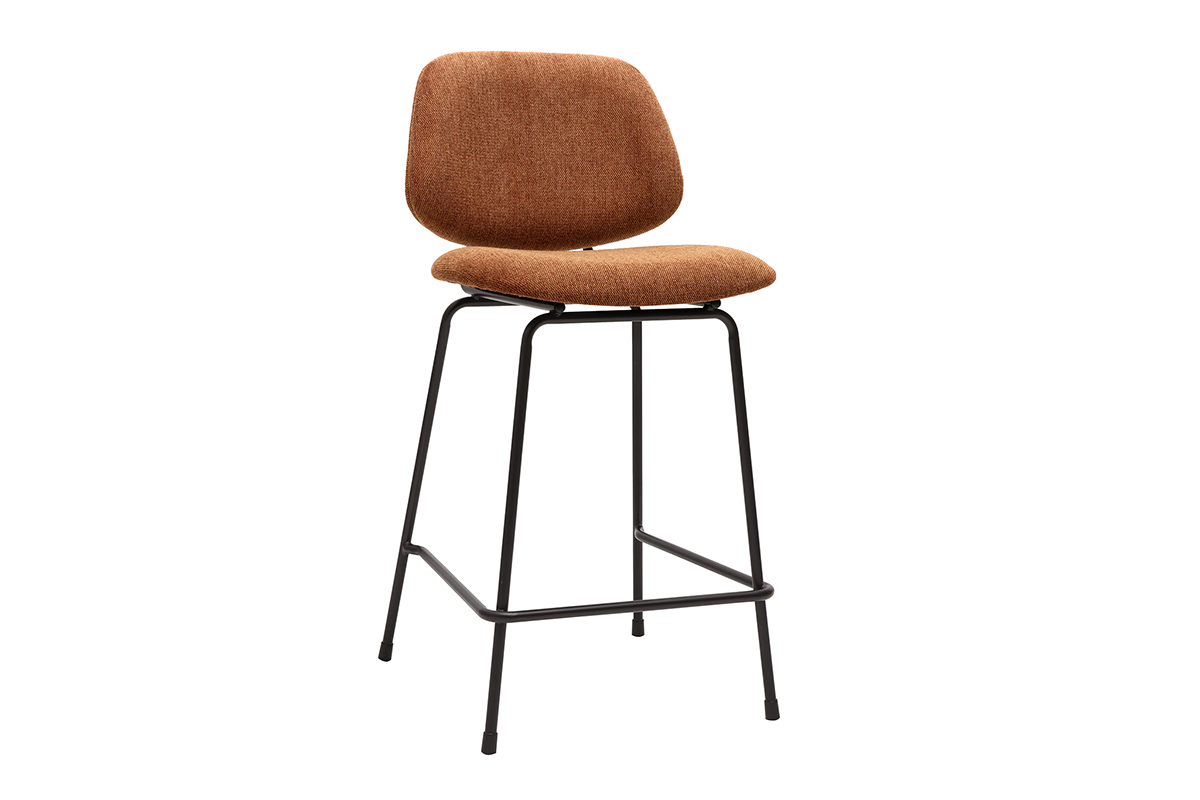 Tabouret de bar en tissu terre br�l�e et m�tal noir, vue lat�rale.