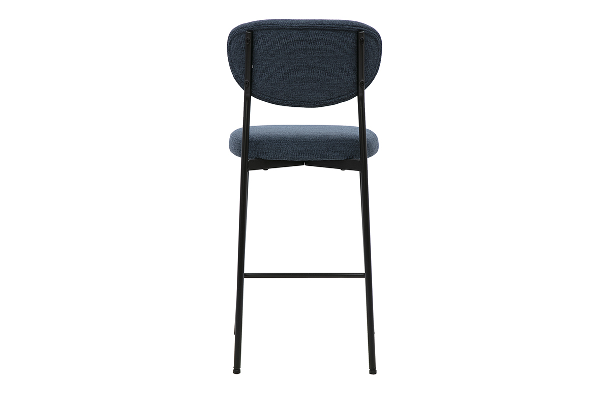 Tabouret de bar fixe BREKA en tissu bleu fonc�, vue de dos avec pi�tement en m�tal noir.