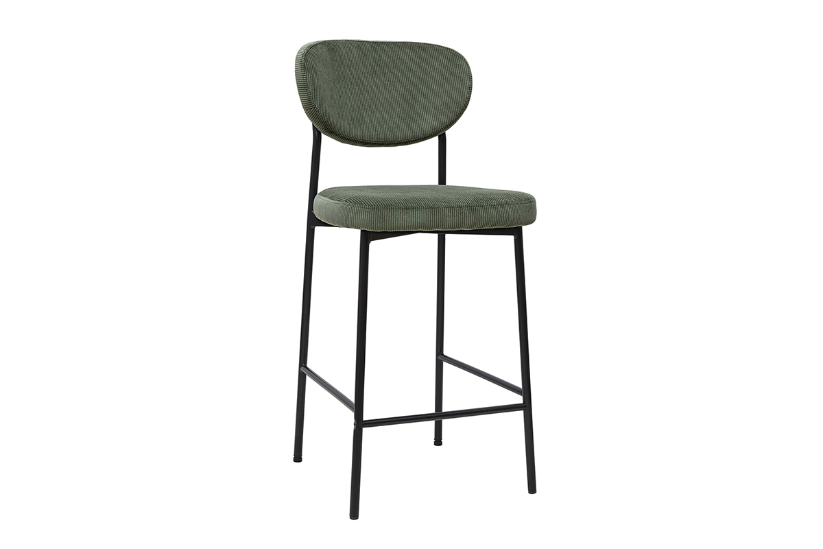 Tabourets de bar fixes en velours c�tel� vert kaki avec pieds en m�tal noir, mod�le BREKA, lot de 2, H65 cm.