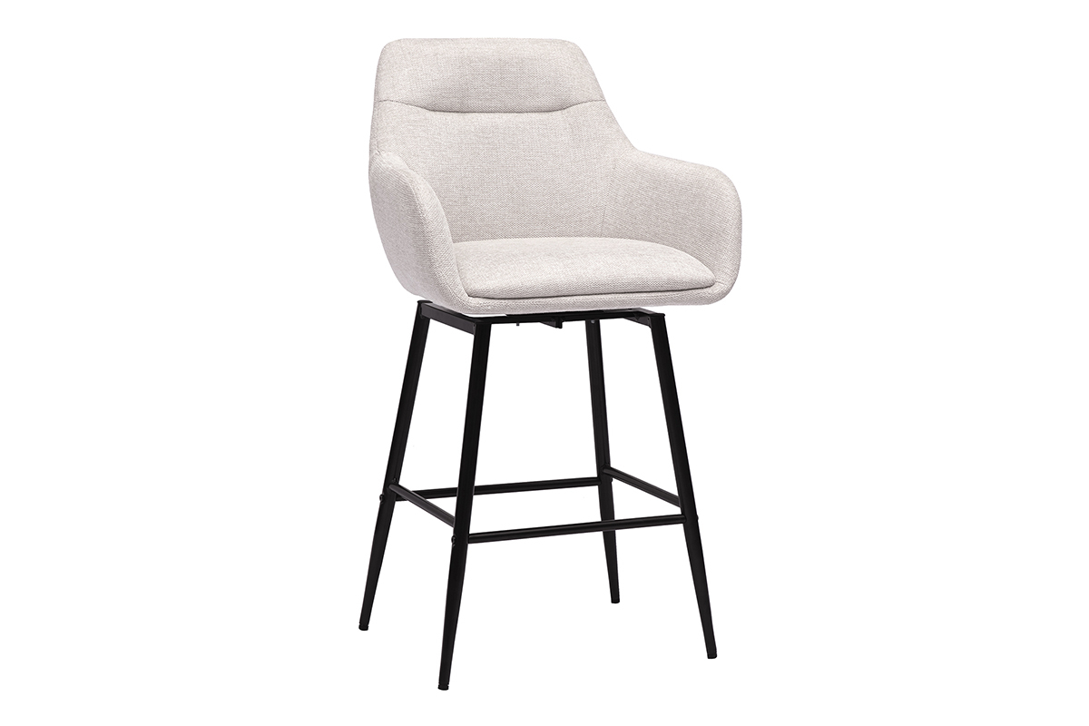 Tabouret de bar en tissu velours beige et m�tal noir, angle 3/4.