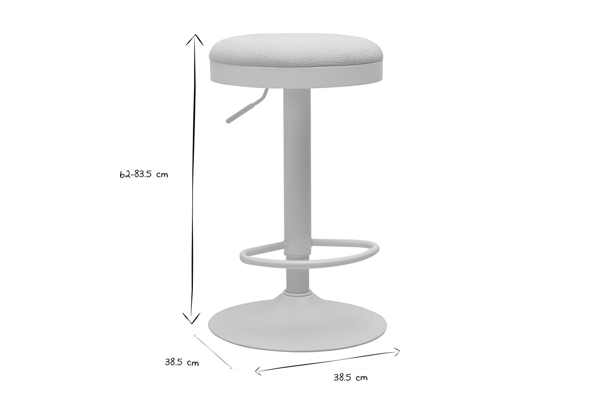 Dimensions des tabourets de bar r�glables : hauteur 62-83.5 cm, diam�tre 38.5 cm, image en noir et blanc.