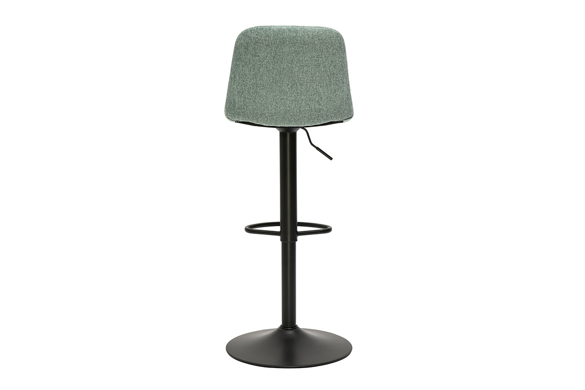 Tabouret de bar r�glable c�ladon, vue de dos, avec pied en m�tal noir et repose-pied circulaire.