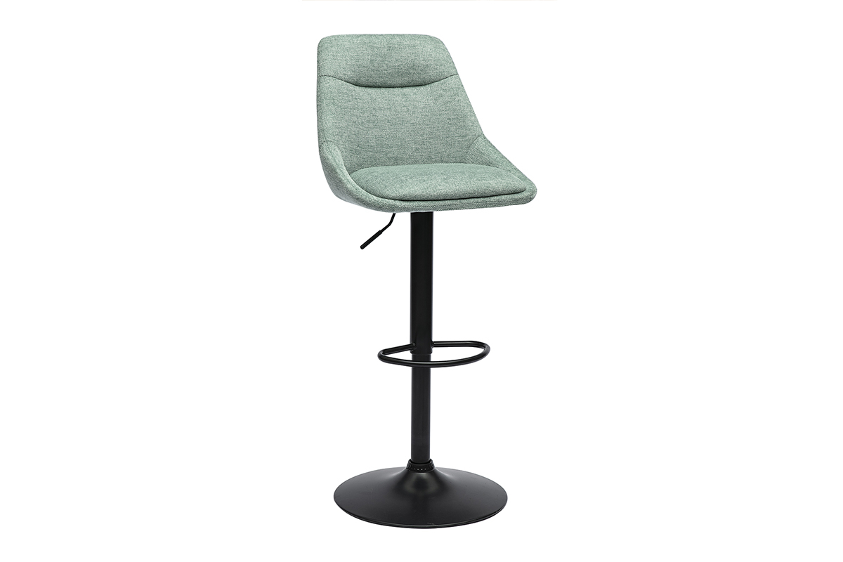 Tabouret de bar vert c�ladon, r�glable, pivotant � 360�, avec base en m�tal noir, vue de 3/4.
