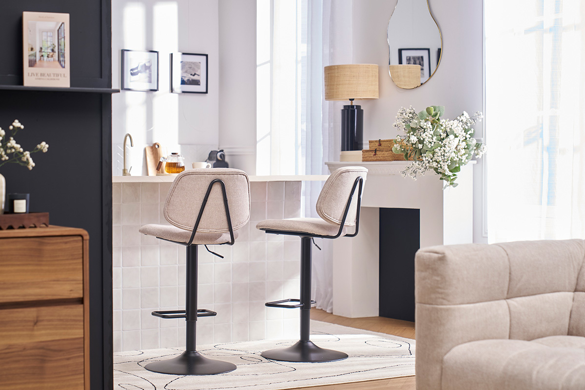 Tabourets de bar relevables design en tissu effet velours beige et m�tal noir BARNET (lot de 2)