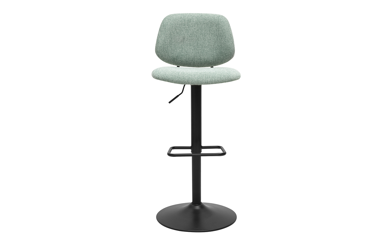Tabouret de bar vert c�ladon en tissu effet velours et m�tal noir, vue frontale.
