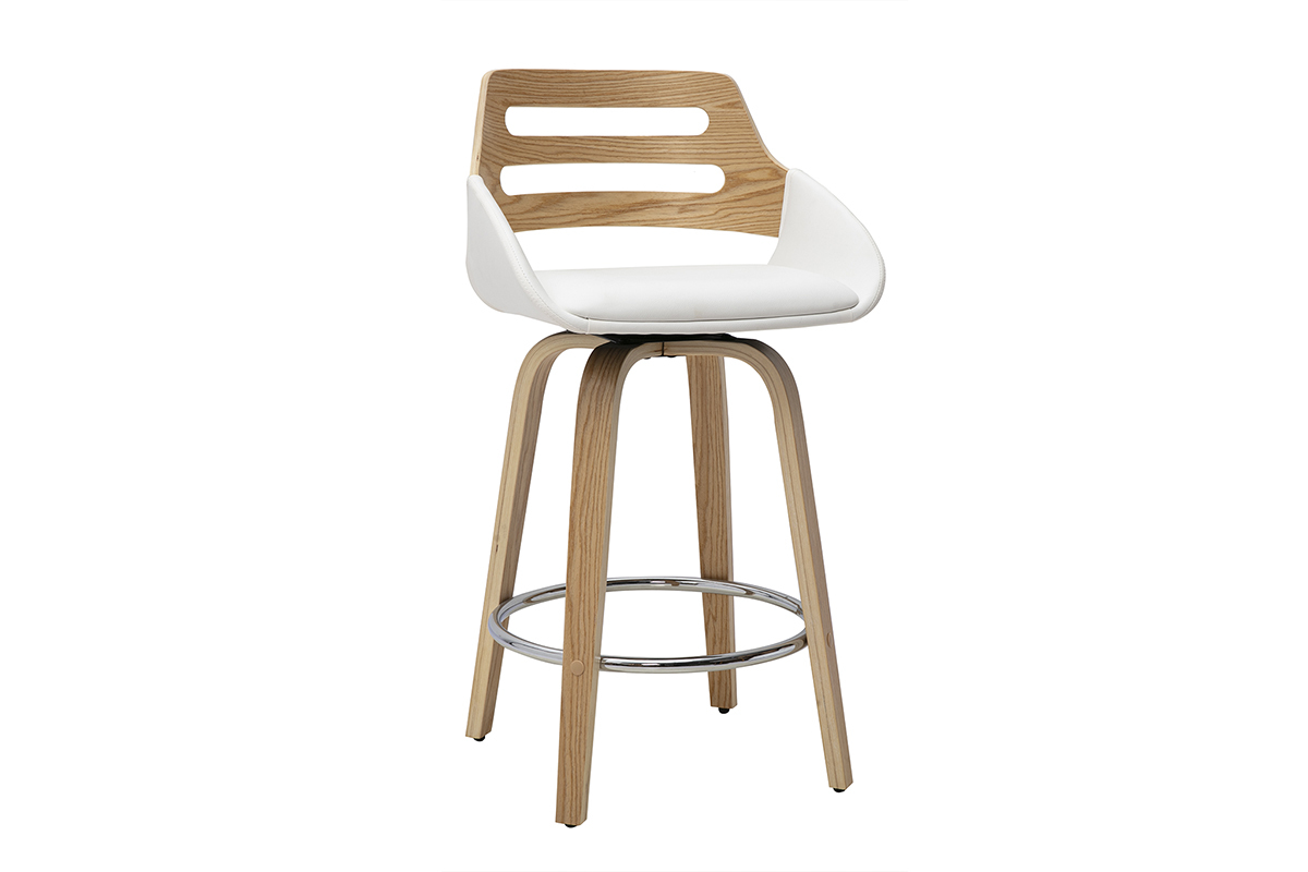 Tabouret de bar scandinave pivotant blanc et bois clair, vue de 3/4