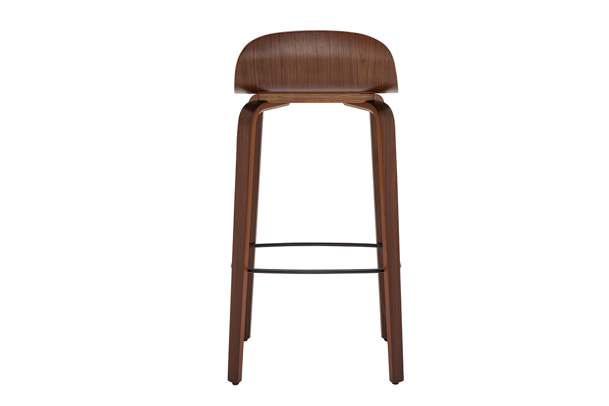 Tabouret de bar vintage en bois fonc�, vue de dos, hauteur 68 cm.