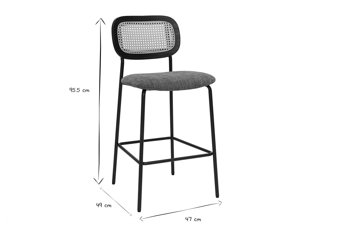 Tabourets design en tissu effet velours textur� terre brul�e, m�tal noir et cannage rotin (lot de 2) MIRANDA