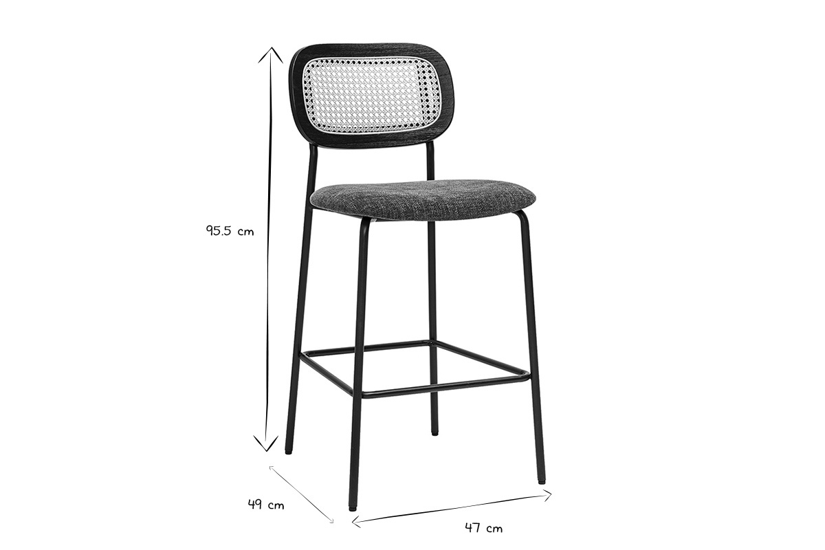 Tabourets verts kaki en tissu effet velours avec dossier cannage rotin, pieds m�tal noir, dimensions L47 x P49 x H95,5 cm.