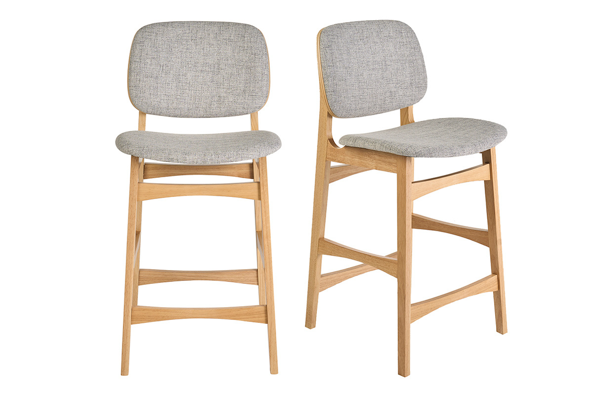 Lot de 2 tabourets scandinaves en bois clair fr�ne et tissu gris clair, vue de face