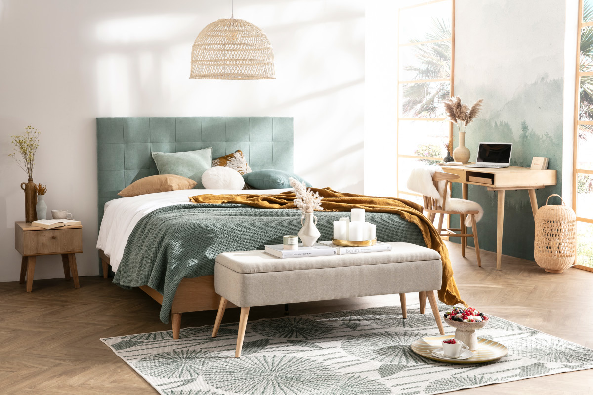 T�te de lit capitonn�e en tissu effet velours vert lagon L160 cm HALCIONA