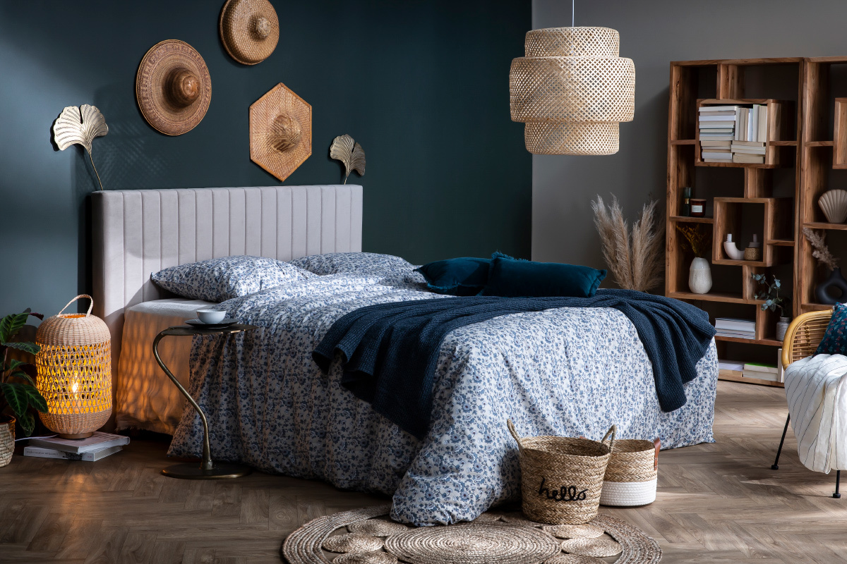 T�te de lit en tissu velours bleu L170 cm NEHA