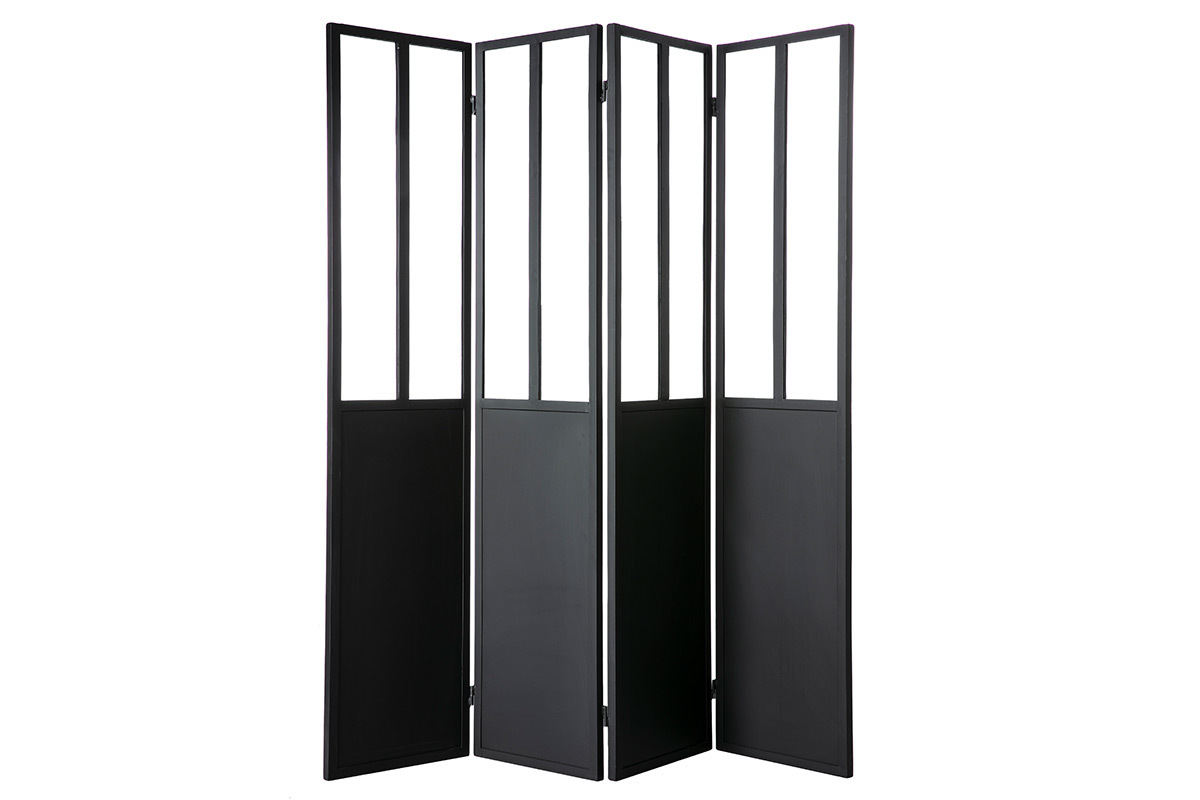 Verri�re atelier paravent industriel en m�tal noir et verre 4 vantaux L160 cm RACK